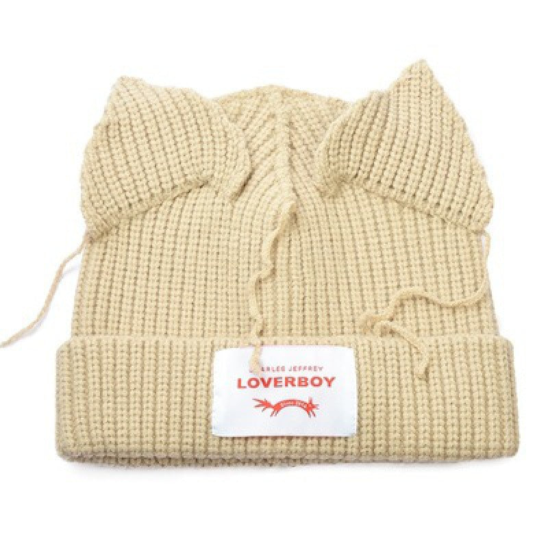 Winter Hat for Women Korean Style Knitted Cat Ear Hip-Hop Beanie Personalized Letter Warm Pullover Hat Internet Celebrity Same Style