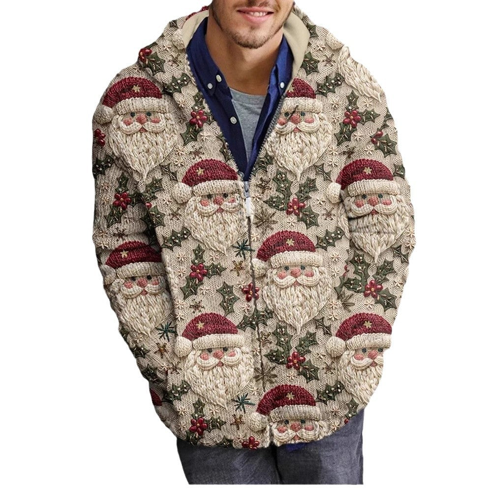 2025Hot Selling  Foreign Trade New Christmas3D Digital Printed Casual Zipper Hooded Jacket