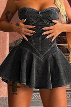 D8699Women's Fashion Sleeveless Tube Top Denim Sexy Hot Girl A Word mini Dress