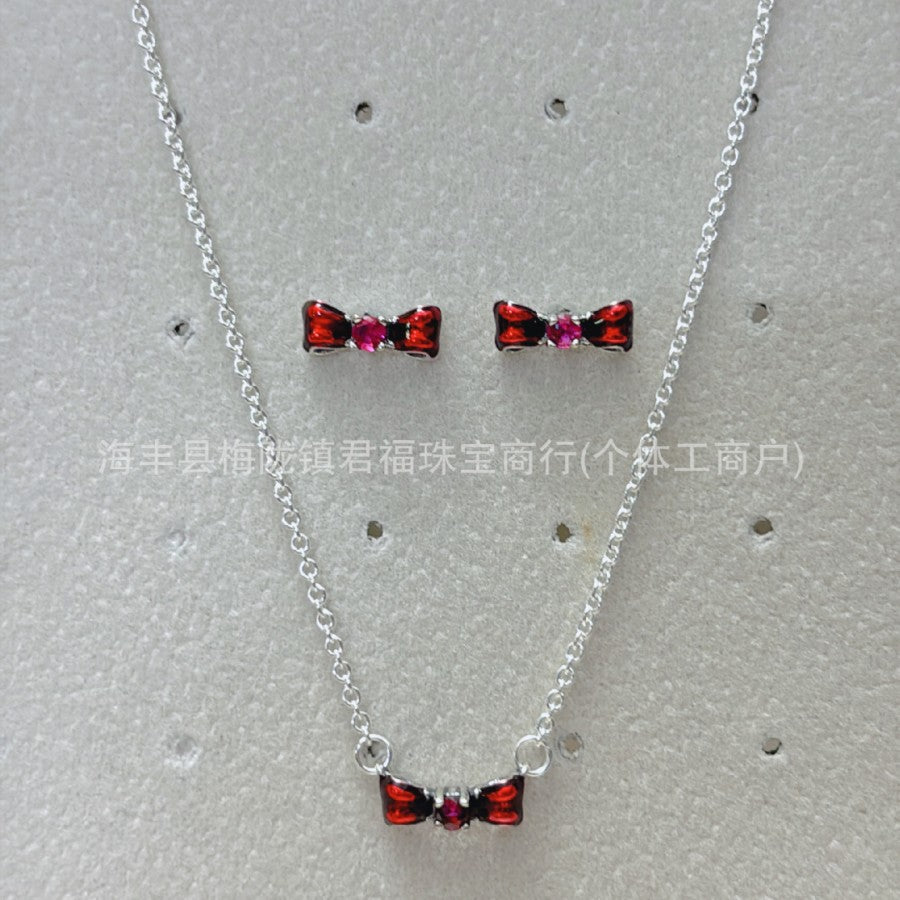 Panjia Silver Plated Hot Selling Product Bow Necklace Ear Stud Ring Bracelet4Set Gift Set Women's All-Matching