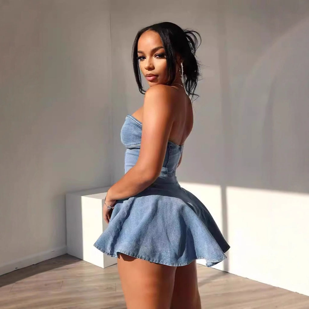 D8699Women's Fashion Sleeveless Tube Top Denim Sexy Hot Girl A Word mini Dress