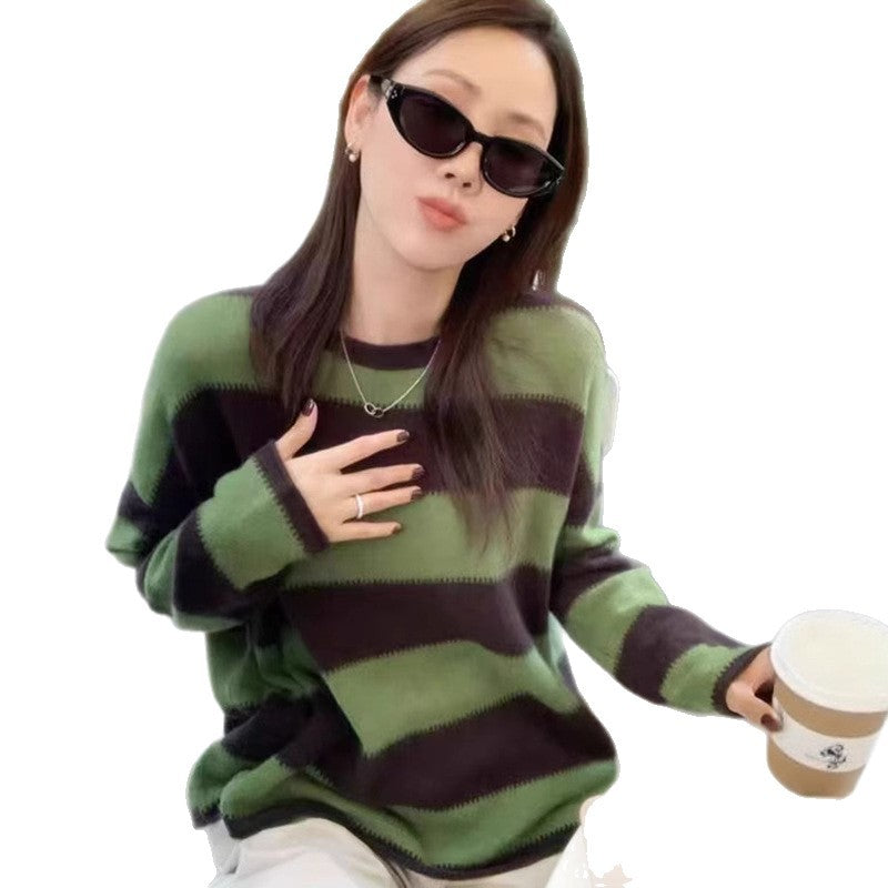 High-Quality Wool Fleece Feel Color-Block Crew Neck Sweater Loose Knitwear Wool Sweater for Women Australian Green