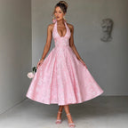 New V Collared Halter Neck Sleeveless Jacquard Tie Waist Dress Mid-Length High-End Formal Dress Trendy