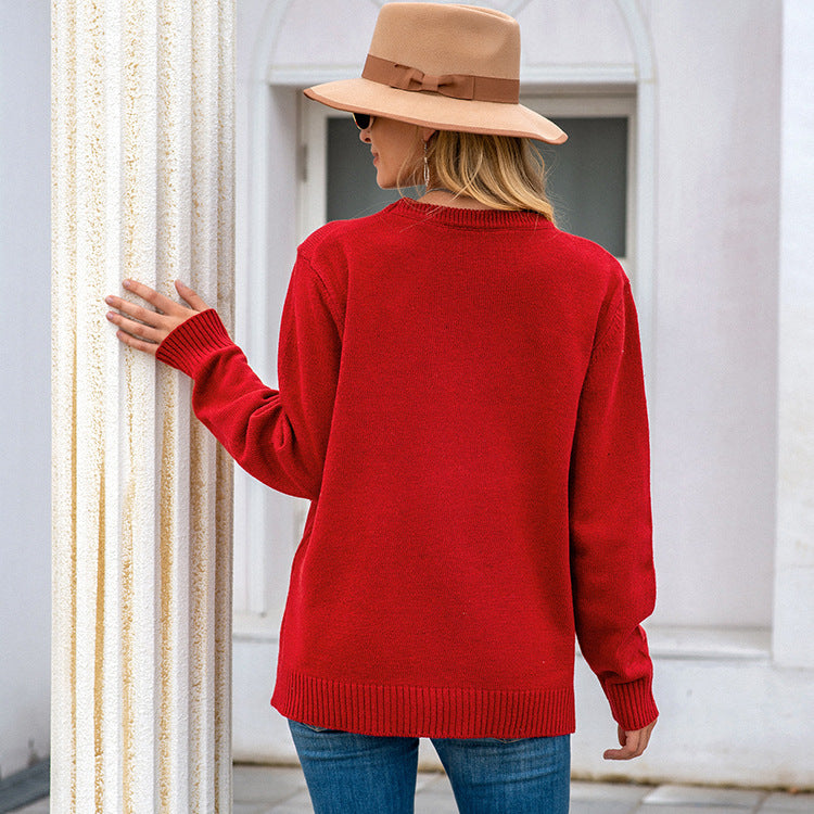 Autumn Winter Women's Christmas Long Sleeve Pullover Sweater European American Knitted Letter Bell Round Neck Holiday Sweater Christmas Limited Edition