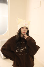 Korean Style Sweet Cute Cat Ear Knitted Hat for Women, Autumn and Winter Warm Ear Protection with Letter Patch, Versatile Knit Hat