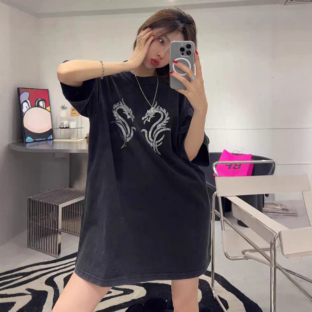 100%100% Cotton Fashion Trendy Brand Short Sleeve t Korean Style Women's Loose Hong Kong Style Heavy Rhinestone Slimming Half Sleeve Top