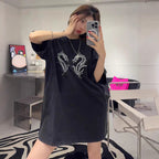 100%100% Cotton Fashion Trendy Brand Short Sleeve t Korean Style Women's Loose Hong Kong Style Heavy Rhinestone Slimming Half Sleeve Top