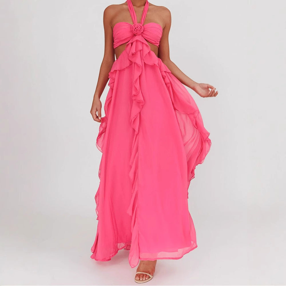 Spring and Summer New Sexy Lace-Up Strapless Backless Lace-Up Ruffle Long Dress Women's Fashion