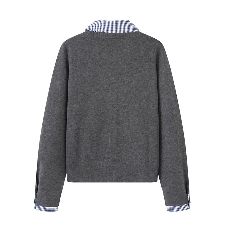 Custom Celebrity Design2025Autumn New Versatile Loose Fit Shirt Collar Plaid Patchwork Fake Two-Piece Knitted Sweater for Women 1EDF4173