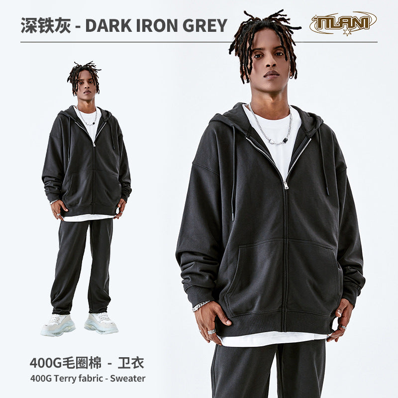 TILANI Men's Fashion Brand Dopamine400G Zipper Jacket Solid Color Unisex Cardigan Hooded Sweatshirt