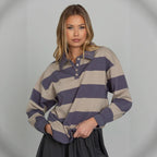 New Retro Striped Polo Shirt Sweatshirt Autumn and Winter New Loose Style Long Sleeve College Style Top