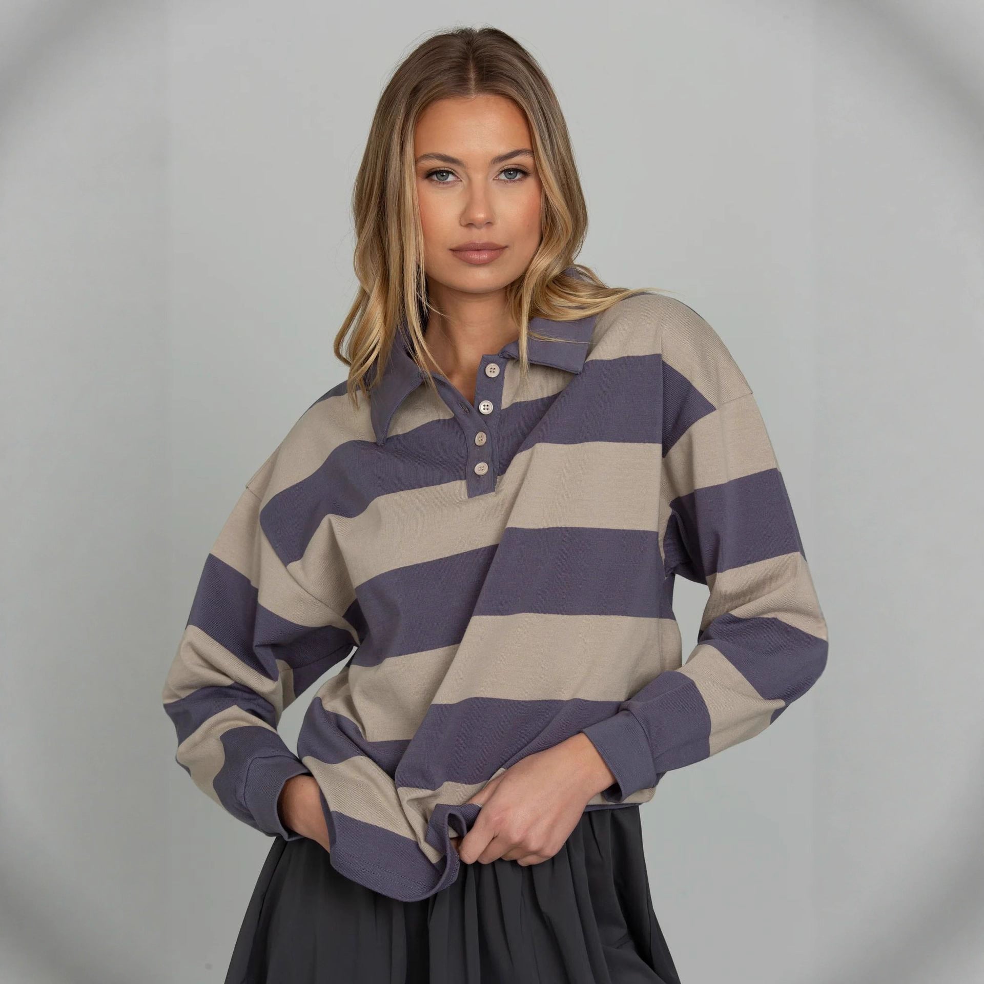 New Retro Striped Polo Shirt Sweatshirt Autumn and Winter New Loose Style Long Sleeve College Style Top