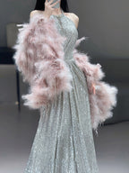 French-style Halter Neck Toasting Dress for Bride2025New Light Luxury Elegant Pink Feather Shawl Sequin Evening Dress