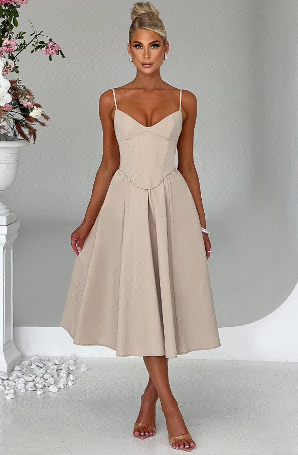 French Retro Solid Color Sleeveless Fishbone Dress2024Winter New Fresh and Elegant V Collared Waist-Cinching Mid-Length Skirt