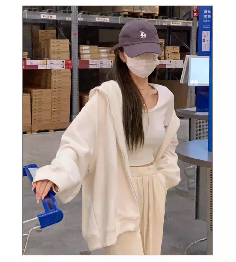 Early Autumn Women's Sweatshirt Jacket2025Spring and Autumn New Style Hooded Loose Casual Cardigan Thin Sports Fleece Top