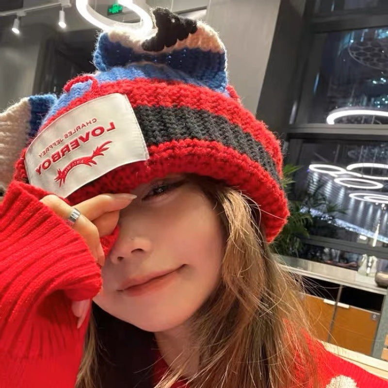 Winter Hat for Women Korean Style Knitted Cat Ear Hip-Hop Beanie Personalized Letter Warm Pullover Hat Internet Celebrity Same Style