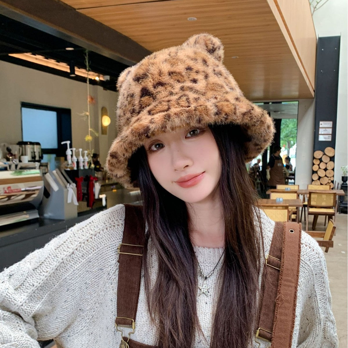 New Korean Style Casual Hat for Women Winter Cute Leopard Print Plush Fisherman Hat Korean Style Warm Versatile Student Bucket Hat
