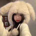 Cute Rabbit Lei Feng Hat with Ears, Plush Hat for Women, Winter Fox Fur Thickened Warmth, Cold Protection, Ear Protection, Head Wrap Hat for Women