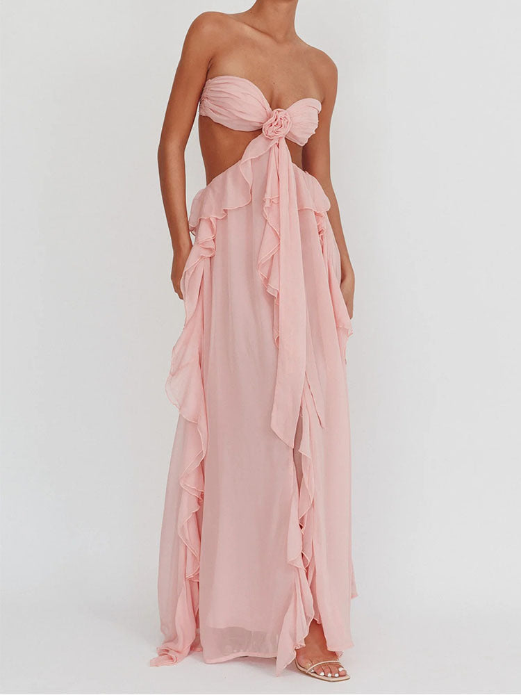 Spring and Summer New Sexy Lace-Up Strapless Backless Lace-Up Ruffle Long Dress Women's Fashion