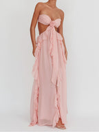 Spring and Summer New Sexy Lace-Up Strapless Backless Lace-Up Ruffle Long Dress Women's Fashion