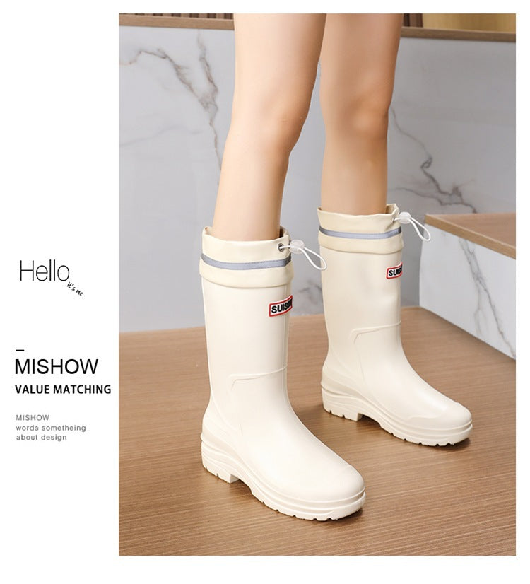 Long Tube Rain Boots for Women, Fashionable Cuffed Outdoor Lightweight Waterproof Shoes, Soft and Durable Rubber Boots for Japan Airlines Foreign Trade