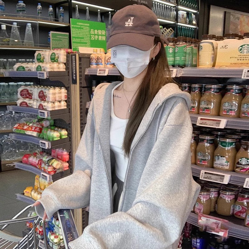 Early Autumn Women's Sweatshirt Jacket2025Spring and Autumn New Style Hooded Loose Casual Cardigan Thin Sports Fleece Top