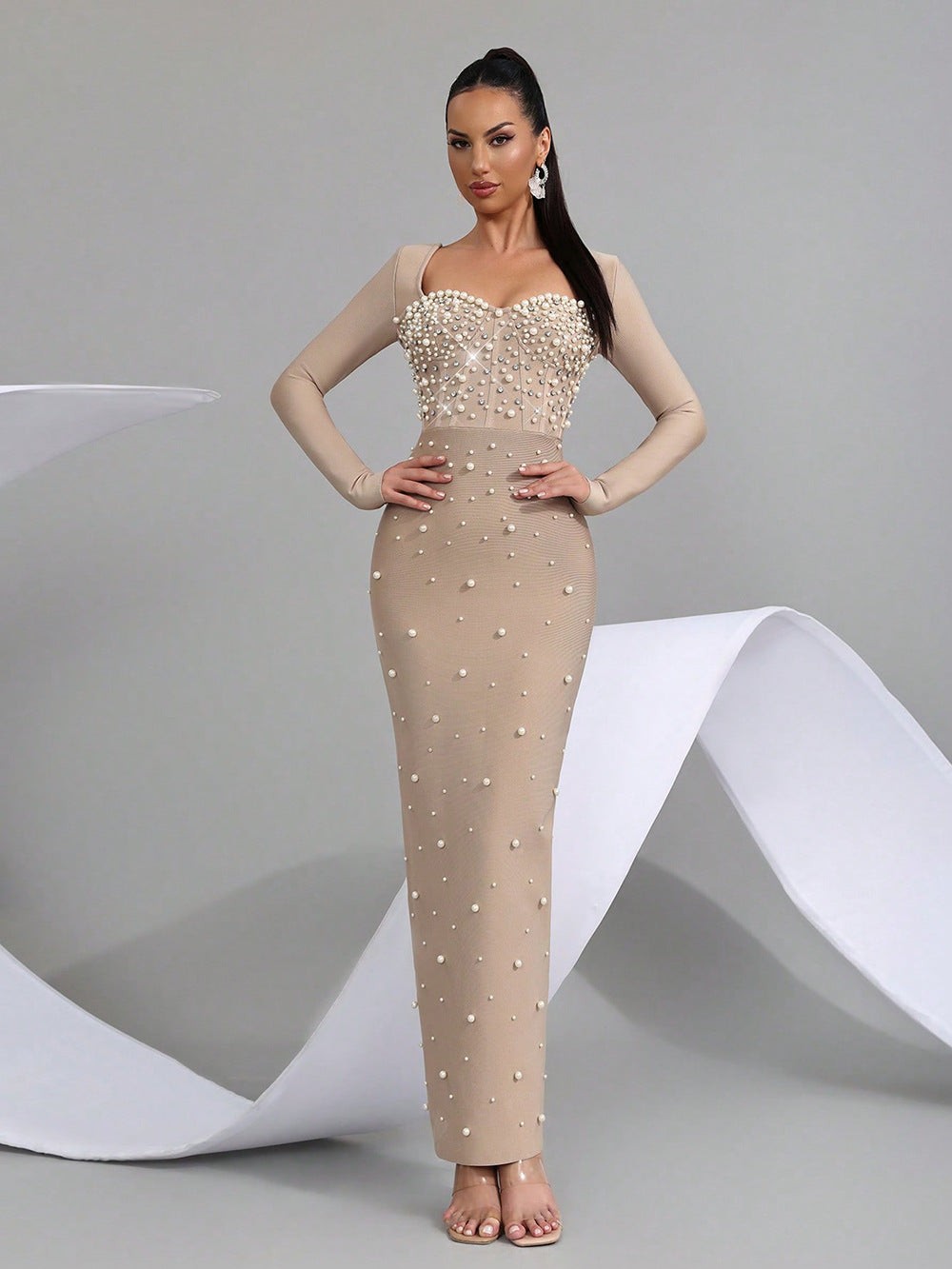 Star Custom Autumn New Beaded Diamond Tight Luxury Long Dress Bandage Dress Women Long Sleeve Elegant Evening Party Gown
