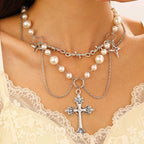 Celebrity Style Jewelry Niche Design Hot Girl Imitation Pearl Tassel Heart Cross Butterfly Versatile Necklace for Women