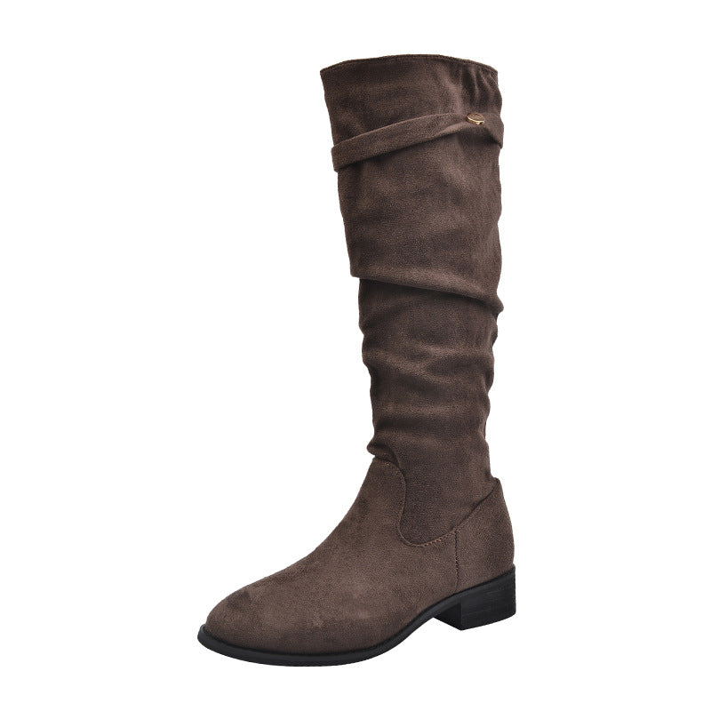 Over-the-Knee Khaki Slouch Boots High Tube Riding Boots Women's Shoes New Autumn Winter Pleated Slimming Long Boots