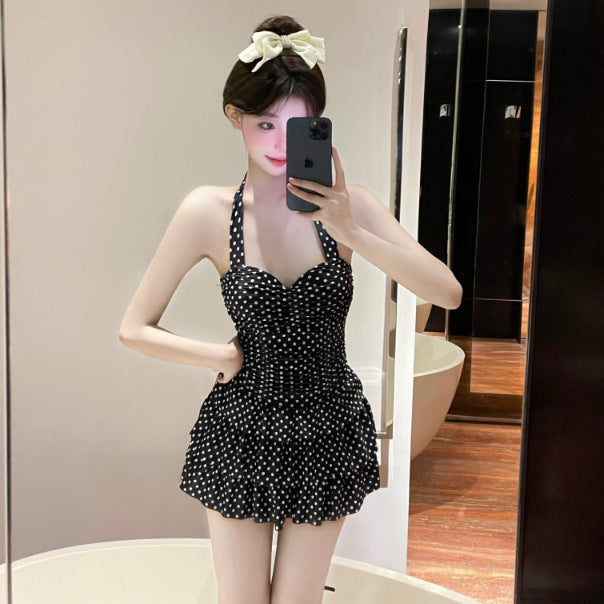 South Korea ins Vintage Classic Wave Balloon Cake Skirt Style Slimming One-Piece Swimsuit for Women with Small and Large Busts