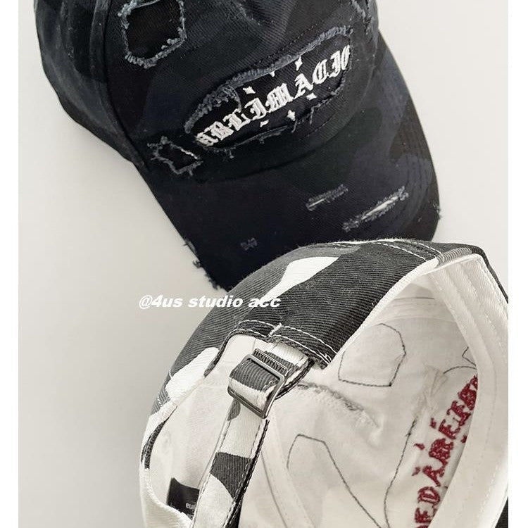 Celebrity Style Spring Summer New American Retro Distressed Camouflage Letter Baseball Cap for Women, Face Slimming Hat, Large Head Circumference Duckbill Cap