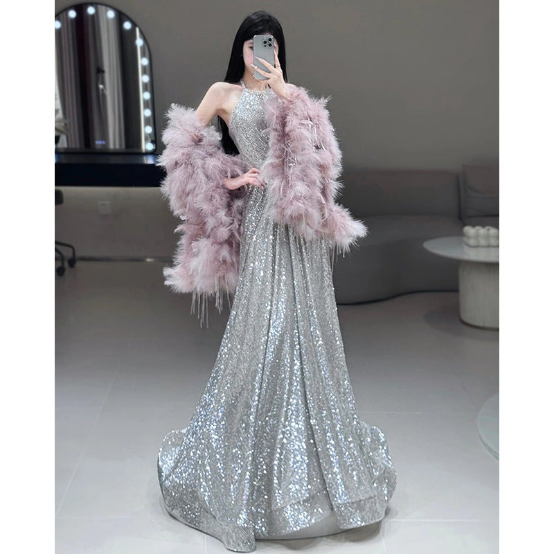 French-style Halter Neck Toasting Dress for Bride2025New Light Luxury Elegant Pink Feather Shawl Sequin Evening Dress