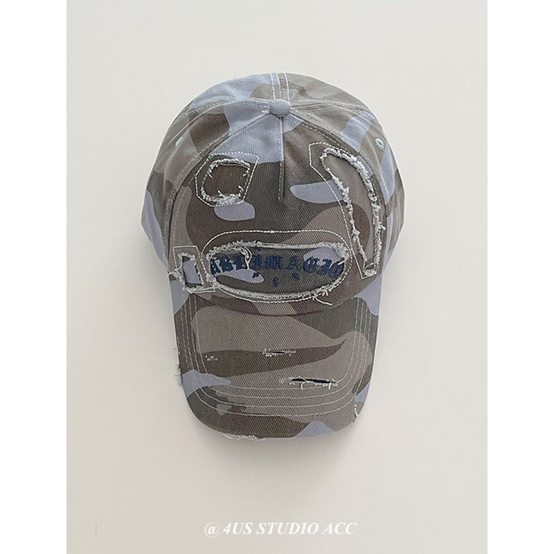 Celebrity Style Spring Summer New American Retro Distressed Camouflage Letter Baseball Cap for Women, Face Slimming Hat, Large Head Circumference Duckbill Cap