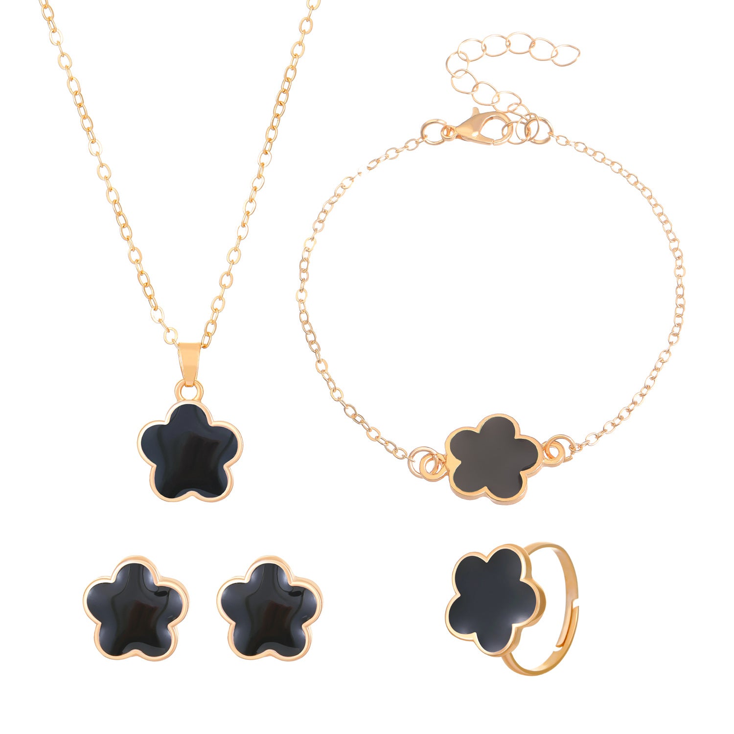 Same Style as Stars2025New Five-leaf Clover Jewelry Set for Women Simple Petal Necklace Five-leaf Flower Bracelet Ring Earrings4Set shipped together for safety