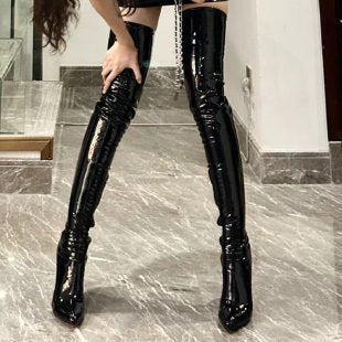 2025New Large Size Pointed Toe Back Zipper Stiletto Heel Women's Boots Over-the-Knee Bright Leather Long Boots