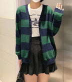 BM Style Retro College Style V-Neck Green Striped Loose BM Knitted Sweater Cardigan Coat for Women