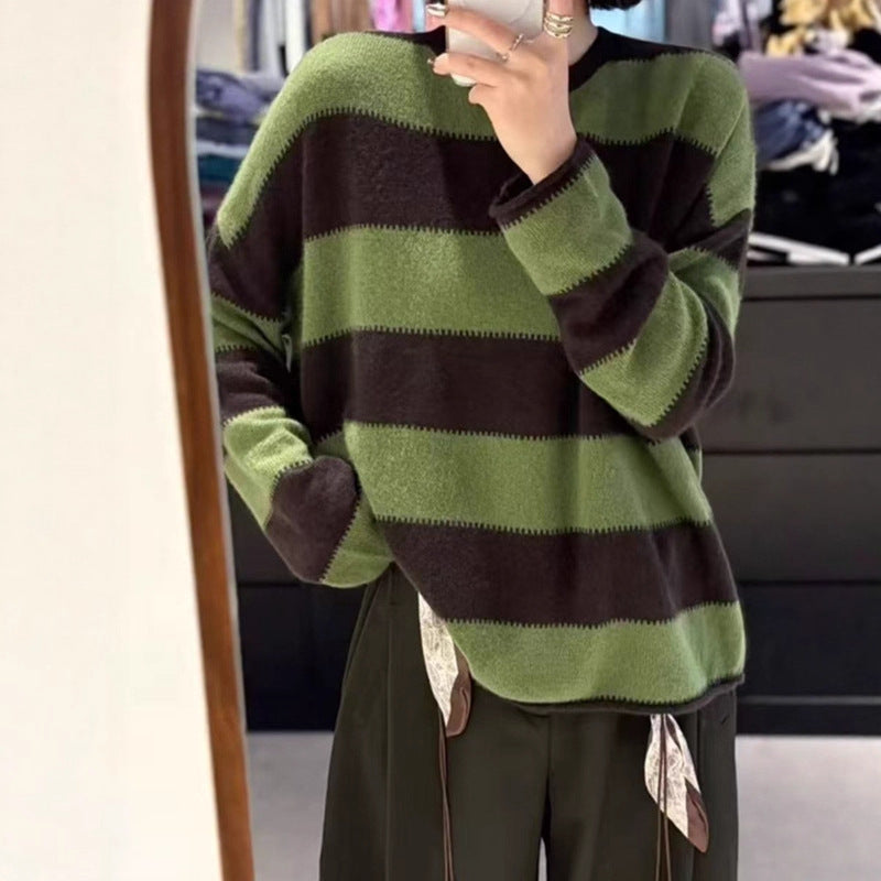 High-Quality Wool Fleece Feel Color-Block Crew Neck Sweater Loose Knitwear Wool Sweater for Women Australian Green