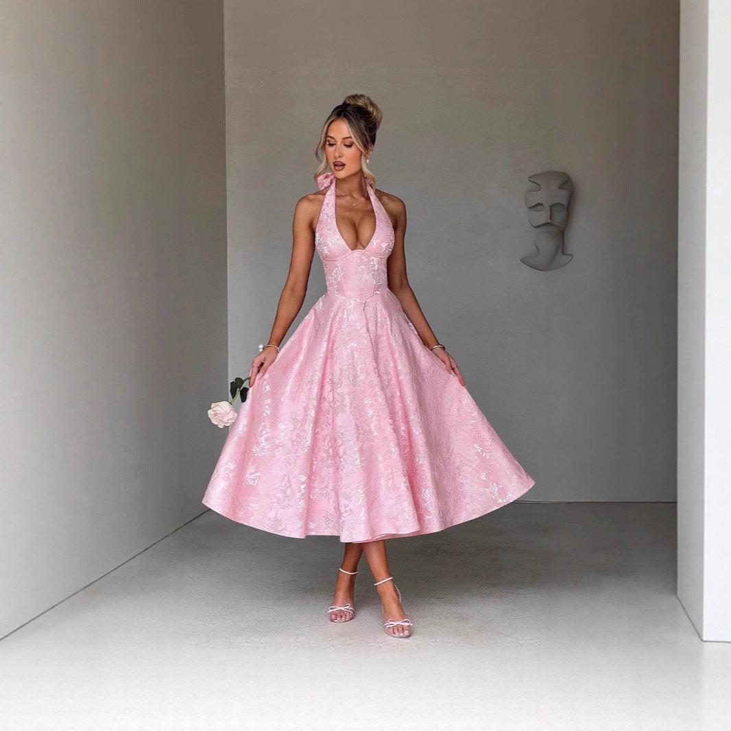 New V Collared Halter Neck Sleeveless Jacquard Tie Waist Dress Mid-Length High-End Formal Dress Trendy