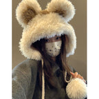 Women's Hat2024New Fluffy Cute Bear Thickened Warm Hat for Autumn and Winter, Big Head Circumference, Face Slimming Pullover Hat