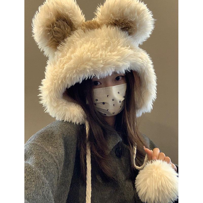 Women's Hat2024New Fluffy Cute Bear Thickened Warm Hat for Autumn and Winter, Big Head Circumference, Face Slimming Pullover Hat