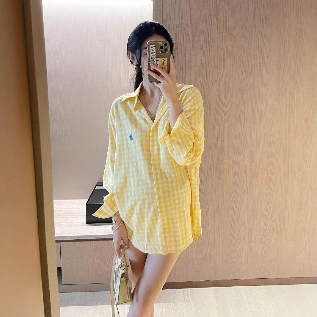 RL Raff Little Pony Logo Embroidered Long Sleeve Plaid Shirt for Women POLO Cotton Sun Protection Shirt Spring Summer Casual Top