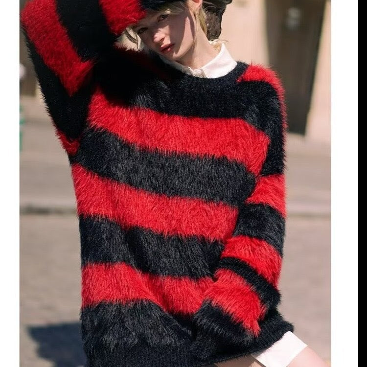 Red and Black Striped Color-Block Seahorse Wool Sweater for Men, Lazy Style Knitted Sweater, Winter Faux Mink Fur Couple's Coat
