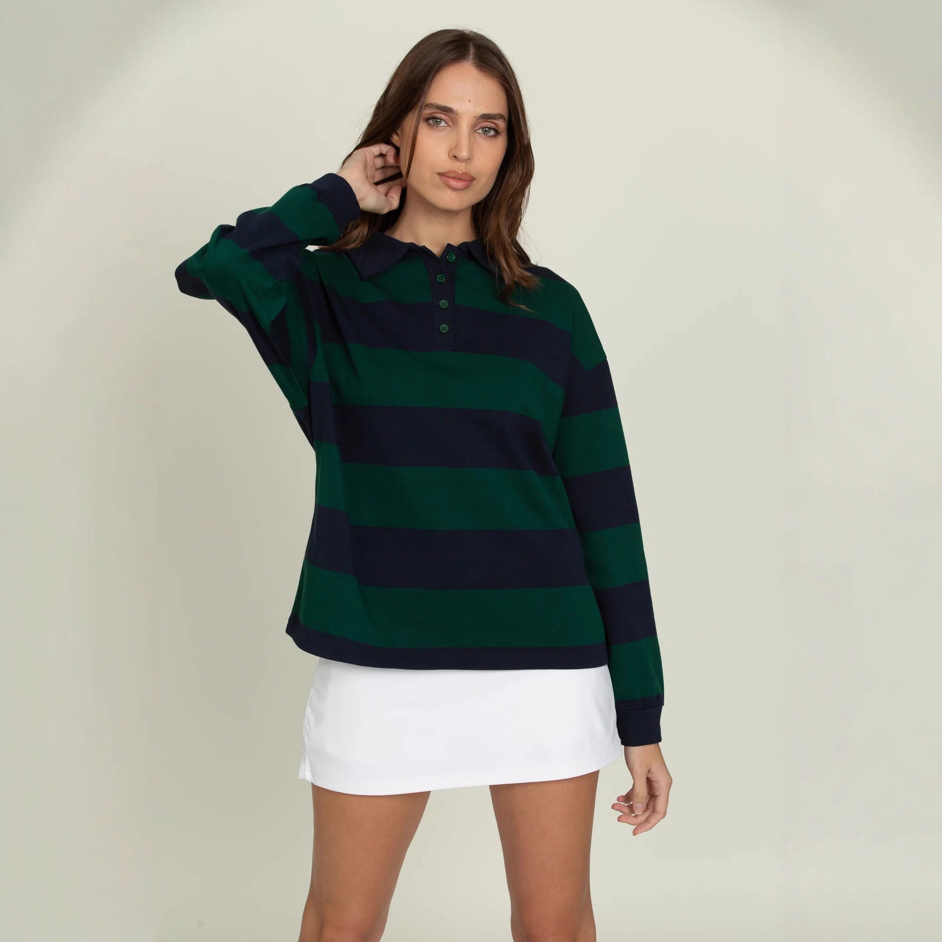 New Retro Striped Polo Shirt Sweatshirt Autumn and Winter New Loose Style Long Sleeve College Style Top