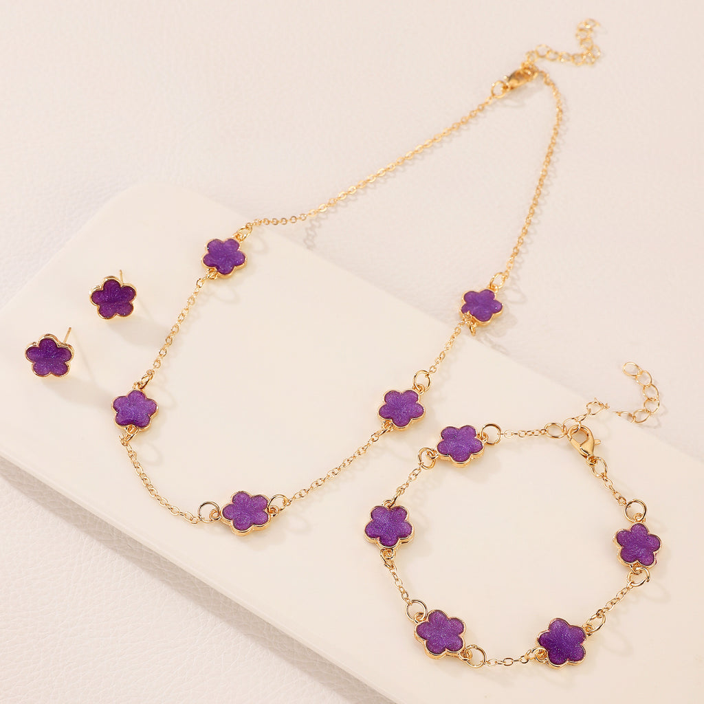 Same Style as Stars2025New Five-leaf Clover Jewelry Set for Women Simple Petal Necklace Five-leaf Flower Bracelet Ring Earrings4Set shipped together for safety