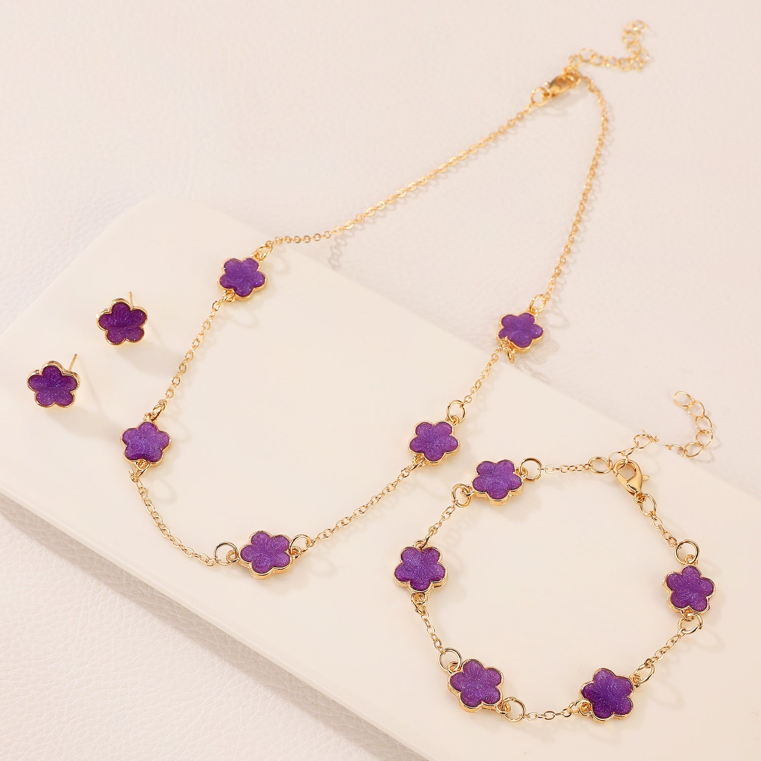 Same Style as Stars2025New Five-leaf Clover Jewelry Set for Women Simple Petal Necklace Five-leaf Flower Bracelet Ring Earrings4Set shipped together for safety