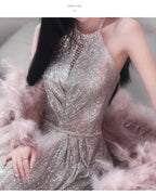 French-style Halter Neck Toasting Dress for Bride2025New Light Luxury Elegant Pink Feather Shawl Sequin Evening Dress