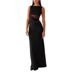 G25D047-2025Elegant Black Long Dress Slim Lace Stitching Drooping Slimming Premium Transparent