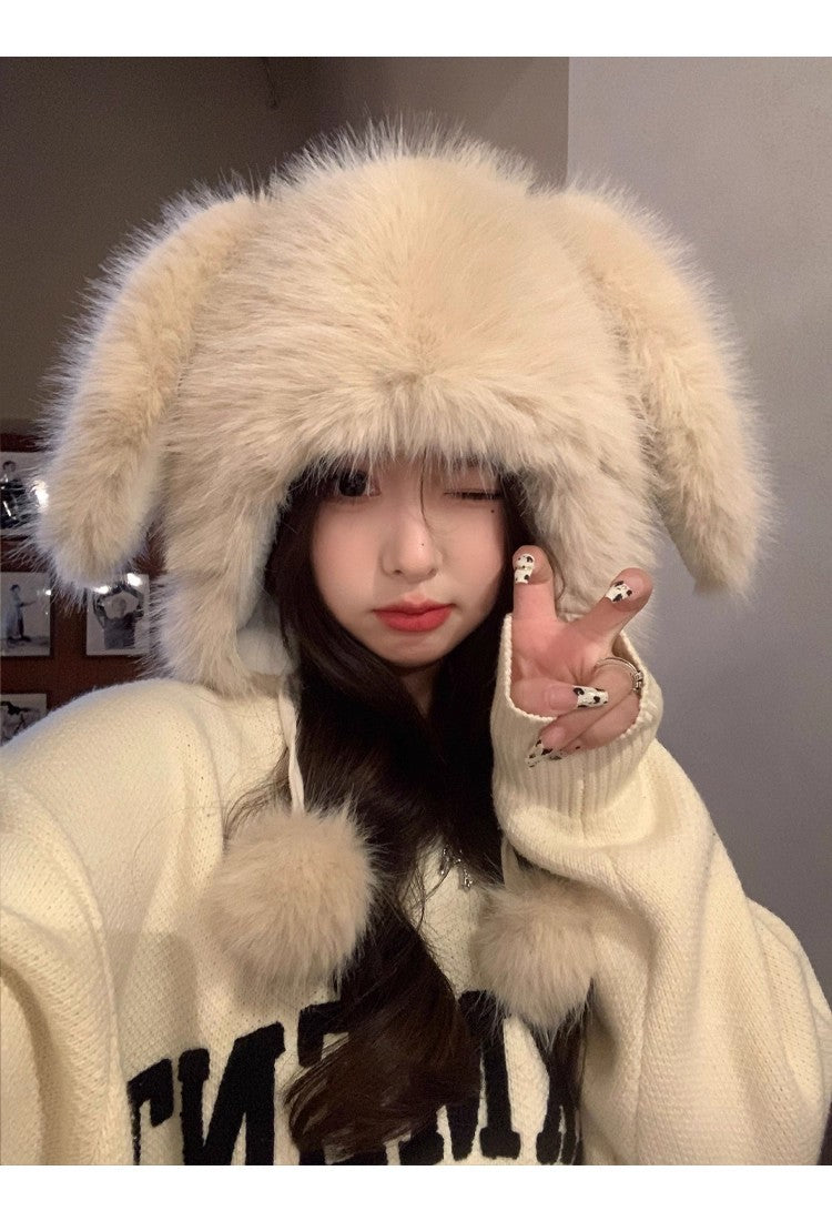 Cute Rabbit Lei Feng Hat with Ears, Plush Hat for Women, Winter Fox Fur Thickened Warmth, Cold Protection, Ear Protection, Head Wrap Hat for Women