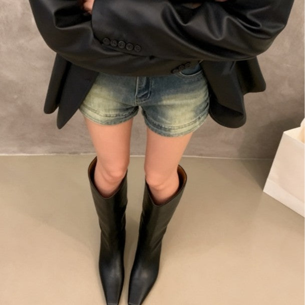 Star Custom Celebrity Cowhide Melad Wide Tube Square Toe Women's Riding Boots with Hidden Heel, Slimming Long Boots, Over-the-Knee Comfortable Boots