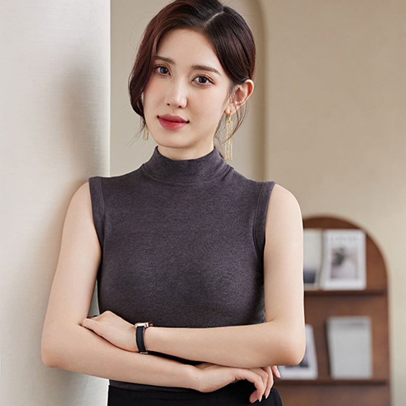 Slim Fit Half Turtleneck Vest Versatile for Autumn and Winter8811Slimming Solid Color Fashion Black Sleeveless Vest for Women